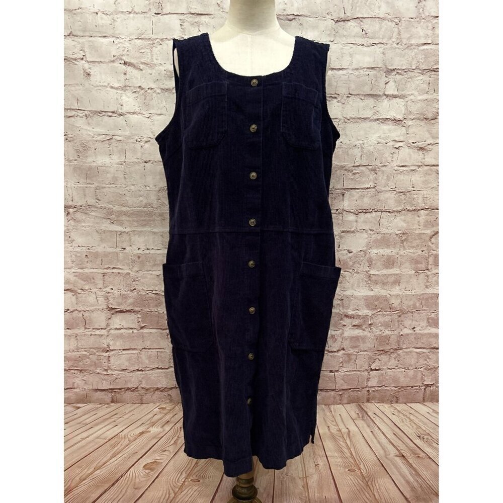 The Vermont Country Store Dress Womens L Dark Blue Sleeveless Corduroy Jumper